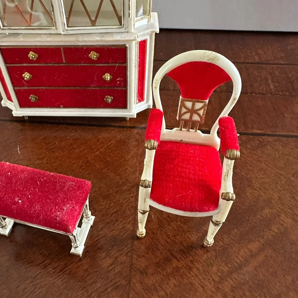 Vintage Miniature Dollhouse Furniture Set Red Velvet White Gold Hutch Chairs 4pc